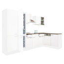 Yorki 340 sarok konyhabútor fehér korpusz,selyemfényű fehér fronttal polcos szekrénnyel és alulfagyasztós hűtős szekrénnyel