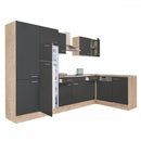 Yorki 340 sarok konyhabútor sonoma tölgy korpusz,selyemfényű antracit fronttal polcos szekrénnyel és felülfagyasztós hűtős szekrénnyel
