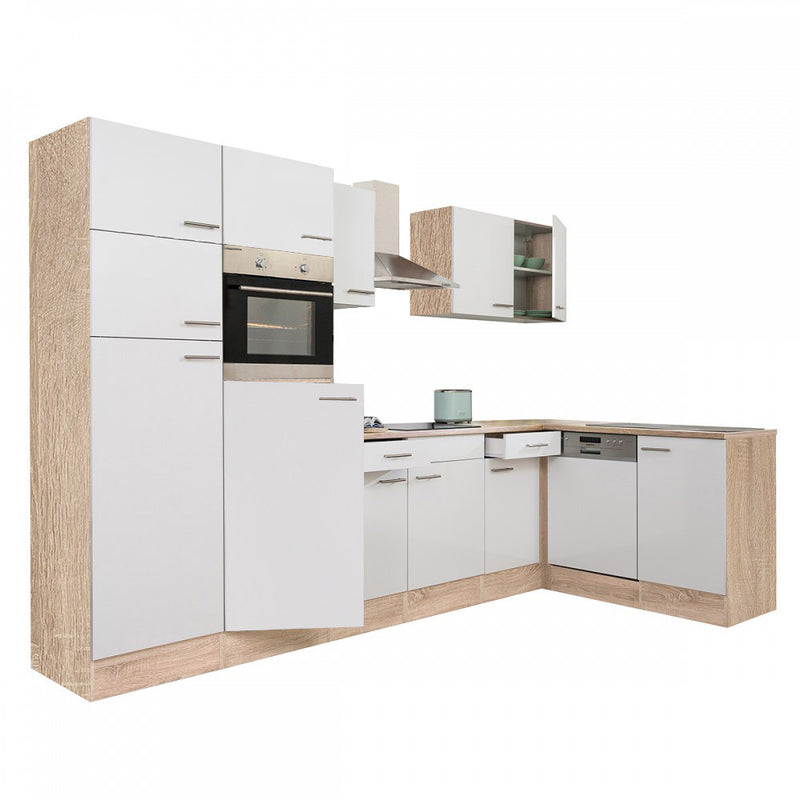 Yorki 340 sarok konyhabútor sonoma tölgy korpusz,selyemfényű fehér fronttal