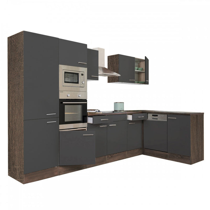 Yorki 340 sarok konyhabútor yorki tölgy korpusz,selyemfényű antracit fronttal polcos szekrénnyel