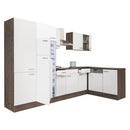 Yorki 340 sarok konyhabútor yorki tölgy korpusz,selyemfényű fehér fronttal polcos szekrénnyel és felülfagyasztós hűtős szekrénnyel
