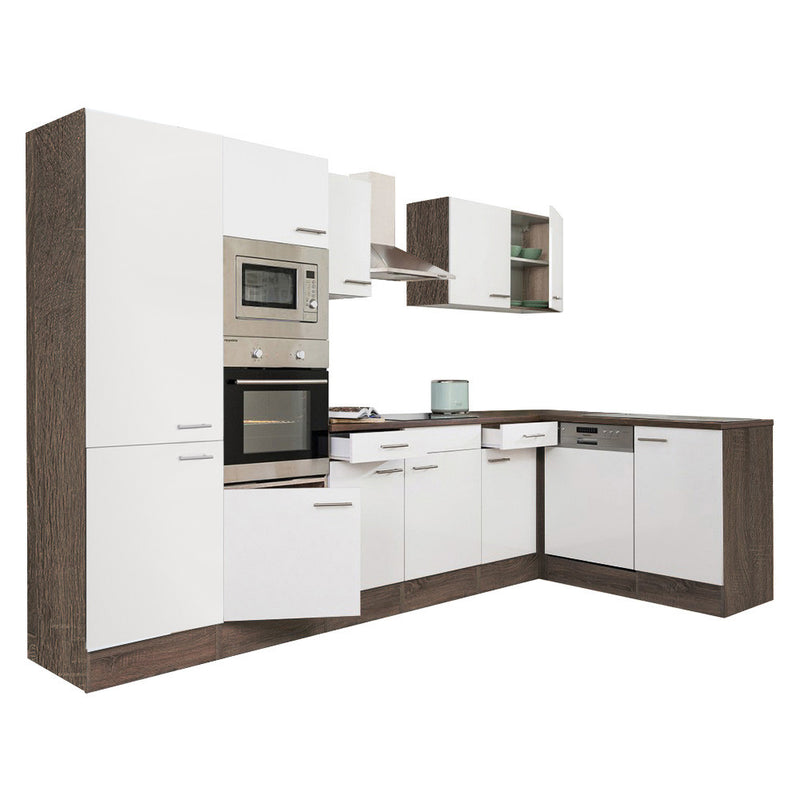 Yorki 340 sarok konyhabútor yorki tölgy korpusz,selyemfényű fehér fronttal polcos szekrénnyel