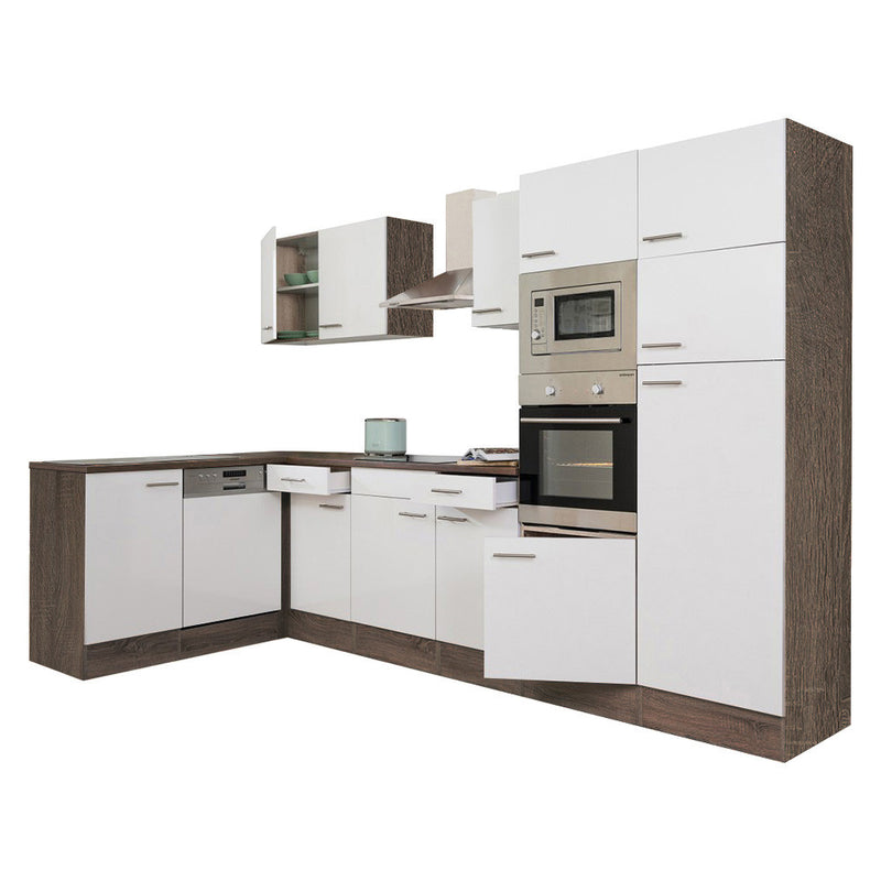 Yorki 340 sarok konyhabútor yorki tölgy korpusz,selyemfényű fehér fronttal