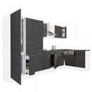 Yorki 370 sarok konyhabútor fehér korpusz,selyemfényű antracit fronttal polcos szekrénnyel és alulfagyasztós hűtős szekrénnyel