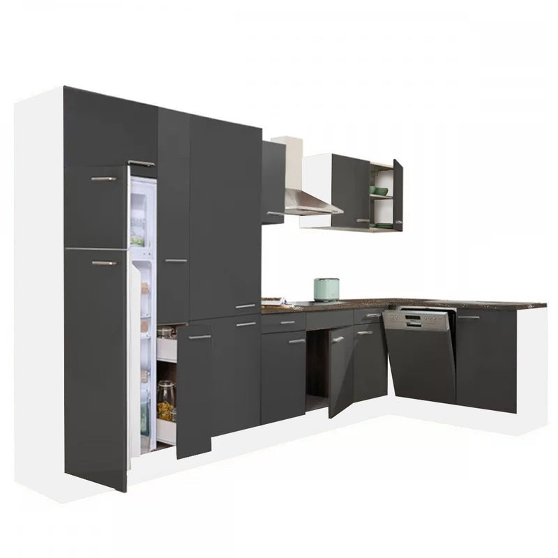 Yorki 370 sarok konyhabútor fehér korpusz,selyemfényű antracit fronttal polcos szekrénnyel és felülfagyasztós hűtős szekrénnyel