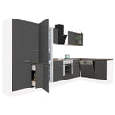 Yorki 370 sarok konyhabútor fehér korpusz,selyemfényű antracit front alsó sütős elemmel polcos szekrénnyel, alulfagyasztós hűtős szekrénnyel