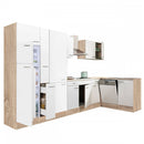 Yorki 370 sarok konyhabútor sonoma tölgy korpusz,selyemfényű fehér fronttal polcos szekrénnyel és felülfagyasztós hűtős szekrénnyel