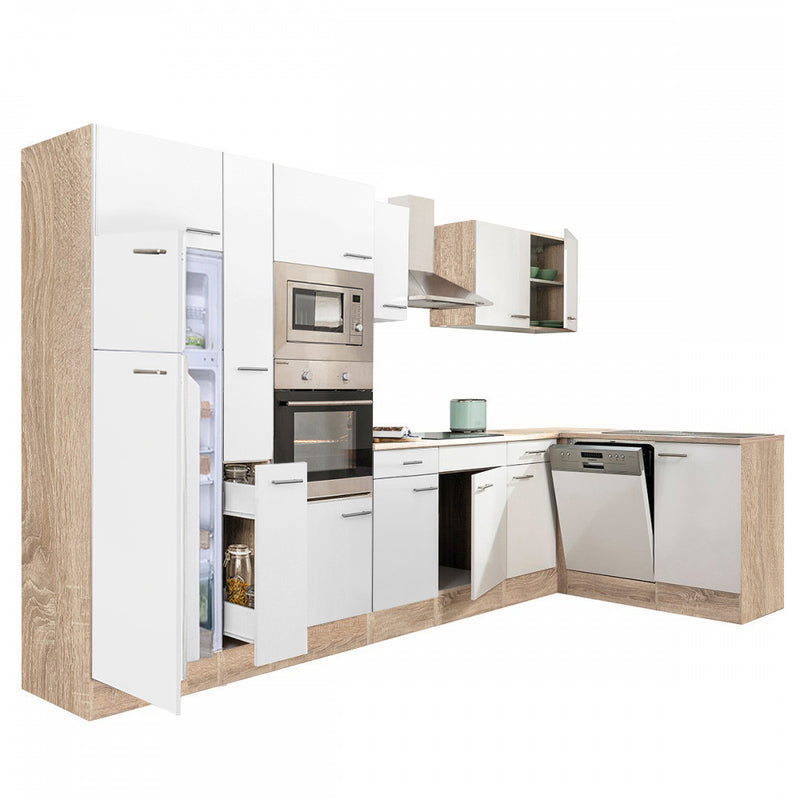 Yorki 370 sarok konyhabútor sonoma tölgy korpusz,selyemfényű fehér fronttal