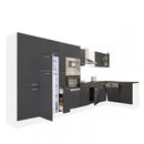 Yorki 430 sarok konyhabútor fehér korpusz,selyemfényű antracit fronttal felülfagyasztós hűtős szekrénnyel