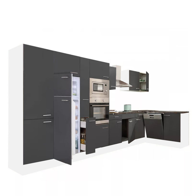 Yorki 430 sarok konyhabútor fehér korpusz,selyemfényű antracit fronttal felülfagyasztós hűtős szekrénnyel