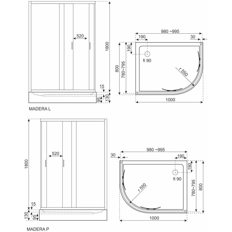 Madera 100x80 íves zuhanykabin zuhanytálcával jobbos