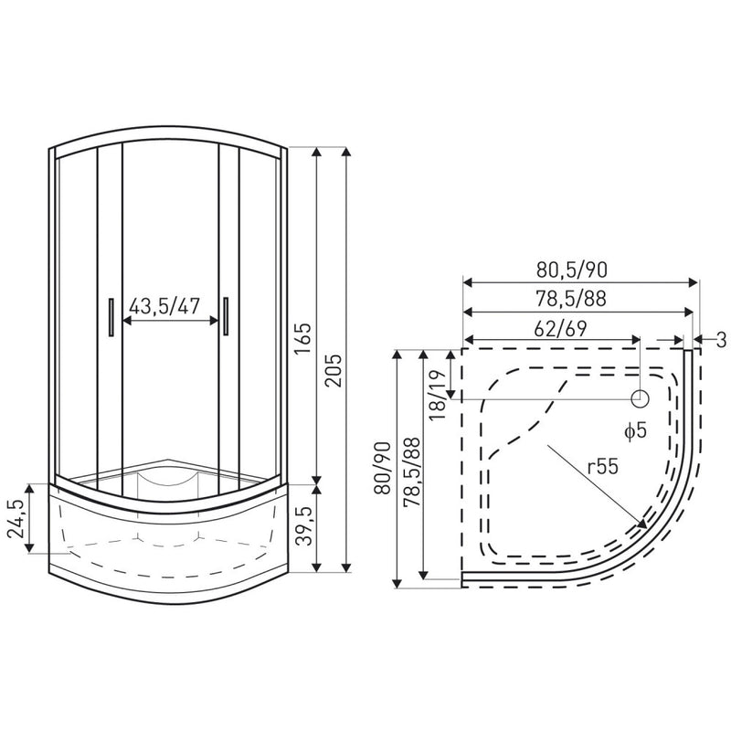 Madera 90x90x165 íves zuhanykabin tálca nélkül