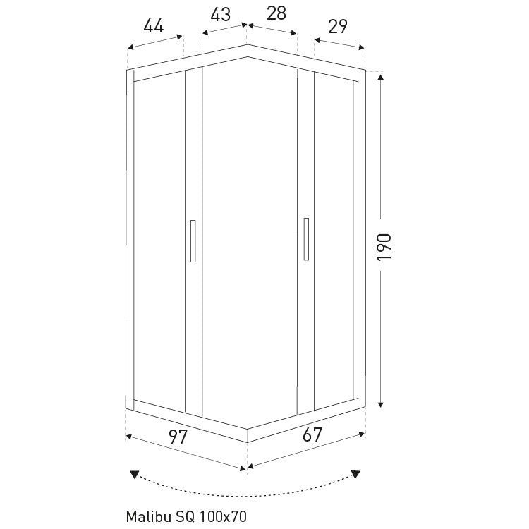 Malibu SQ 100x70 szögletes zuhanykabin zuhanytálca nélkül
