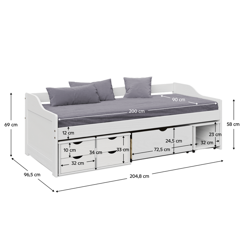 Ágy tárolóhellyel, fehér, tömörfa, 90x200, MAXI NEW