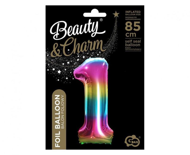 Szivárvány Rainbow 1-es szám fólia lufi 85 cm, J-MLG120271
