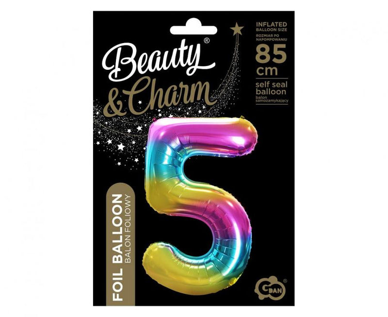 Szivárvány Rainbow 5-ös szám fólia lufi 85 cm, J-MLG120356
