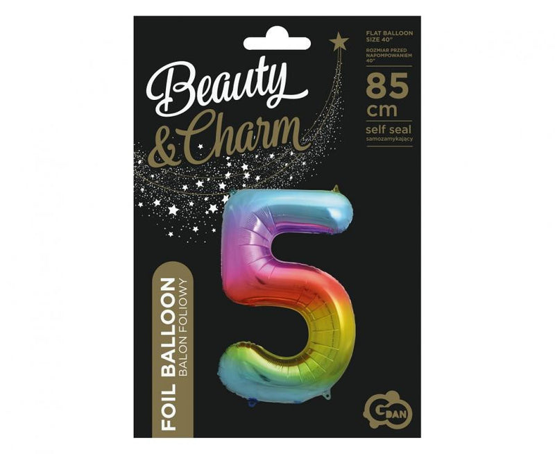 Szivárvány Rainbow 5-ös szám fólia lufi 85 cm, J-MLG120356
