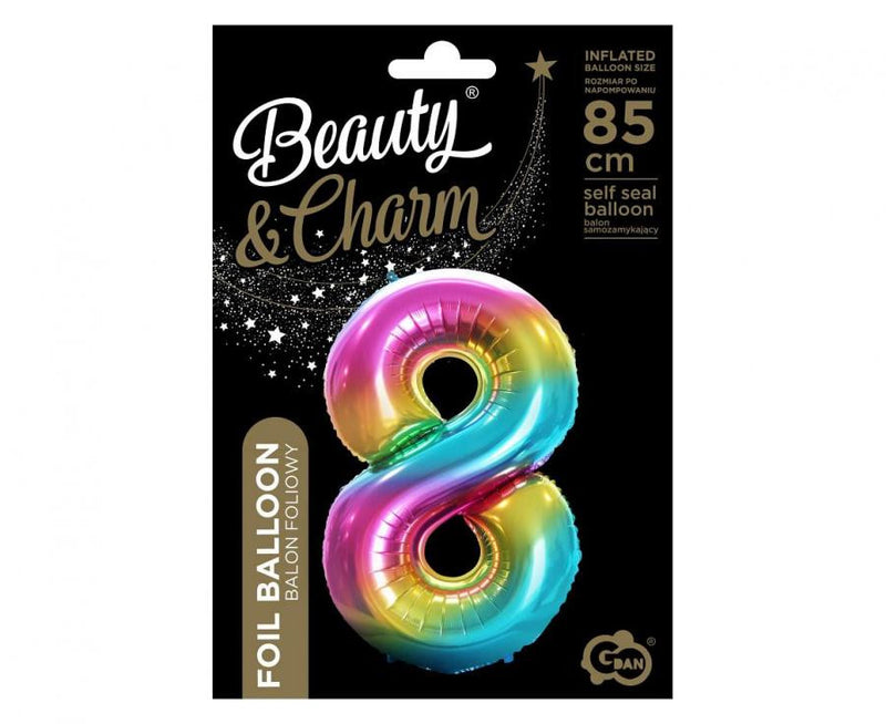 Szivárvány Rainbow 8-as szám fólia lufi 85 cm, J-MLG120417