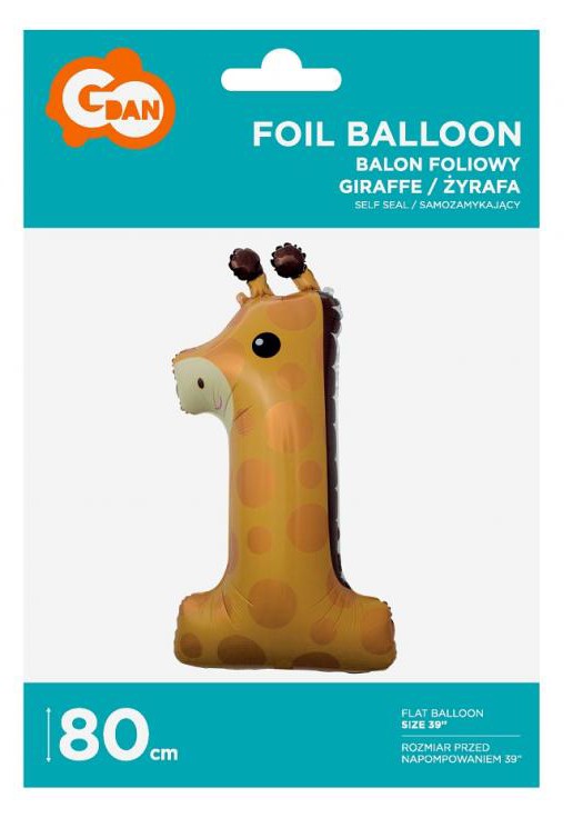 Zsiráf 1-es Giraffe szám fólia lufi 80 cm, J-MLG128895