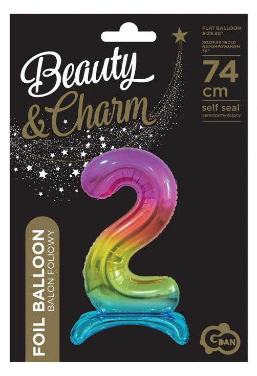 Színes Rainbow 2-es szám fólia lufi talppal 74 cm, J-MLG129014