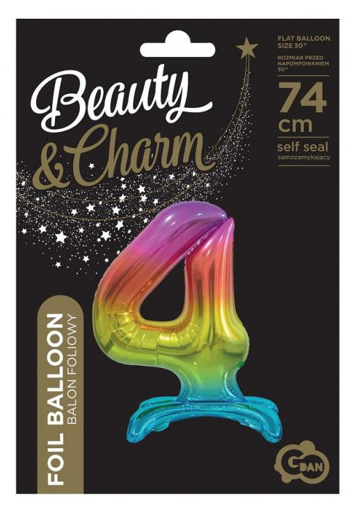 Színes Rainbow 4-es szám fólia lufi talppal 74 cm, J-MLG129052