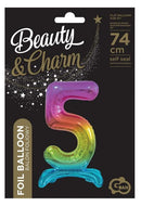 Színes Rainbow 5-ös szám fólia lufi talppal 74 cm, J-MLG129076