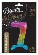 Színes Rainbow 7-es szám fólia lufi talppal 74 cm, J-MLG129113