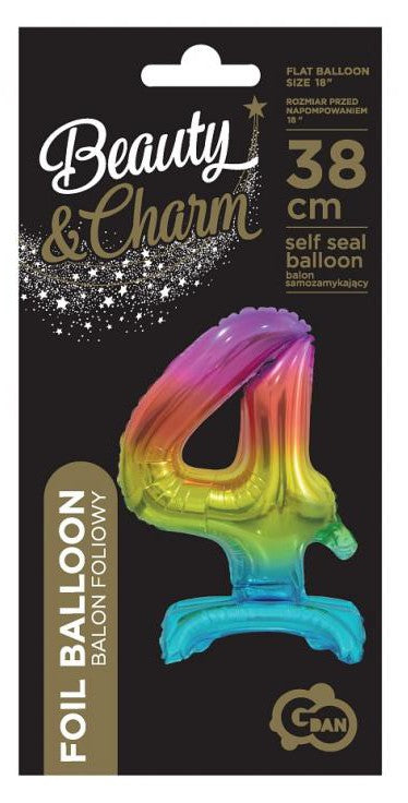 Színes Rainbow mini 4-es szám fólia lufi talppal 38 cm, J-MLG134704