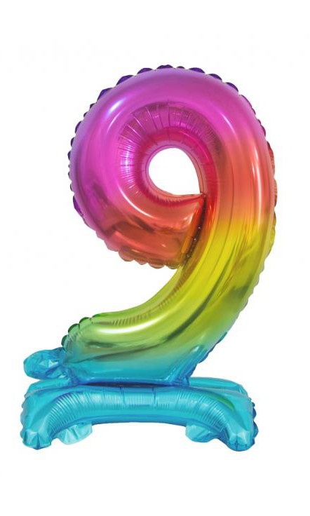 Színes Rainbow mini 9-es szám fólia lufi talppal 38 cm, J-MLG134803
