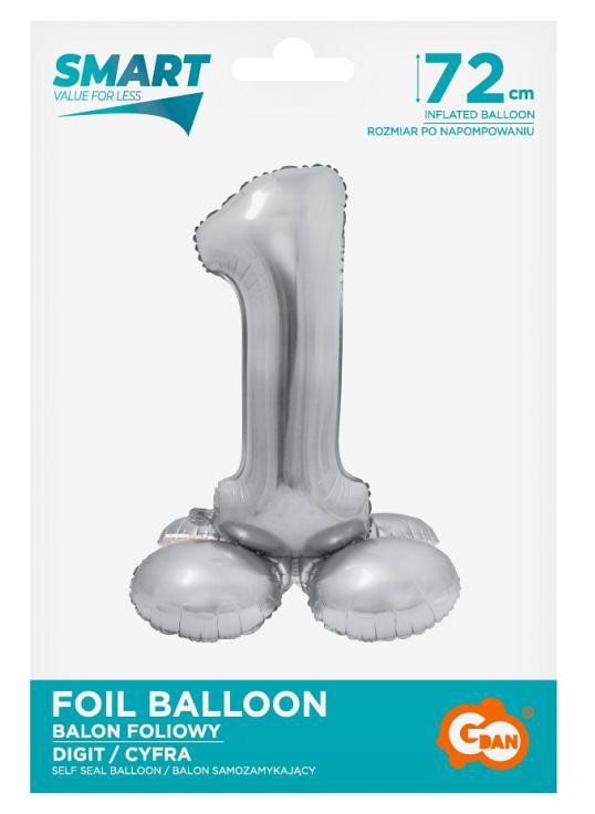 Ezüst 1-es Silver szám fólia lufi talppal 72 cm, J-MLG144581