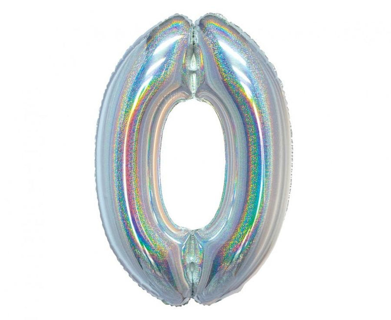 Ezüst Holographic 0-ás szám fólia lufi 76 cm, J-MLG144703