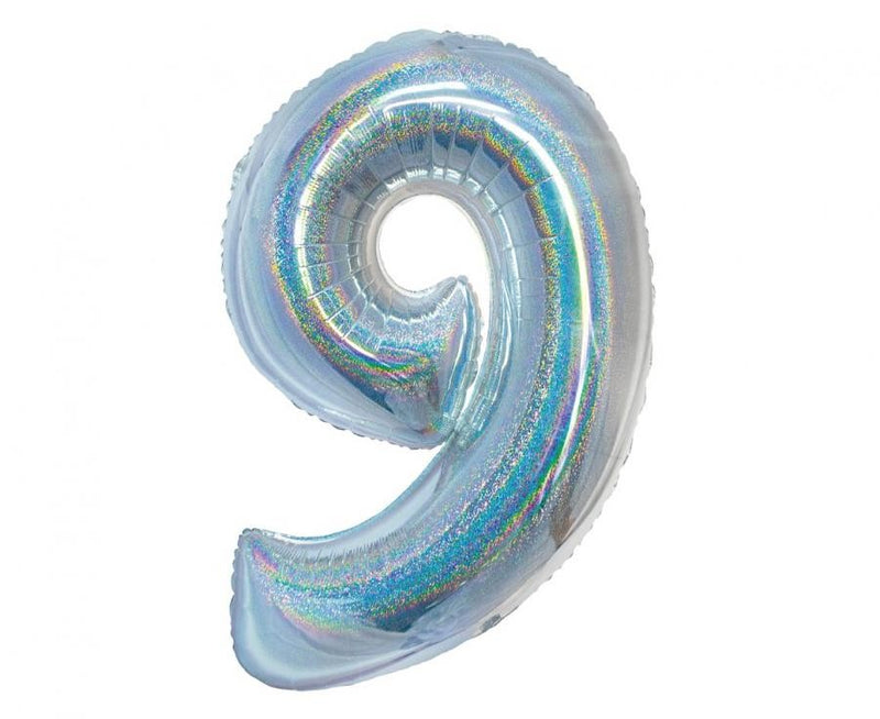 Ezüst Holographic 9-es szám fólia lufi 76 cm, J-MLG144864