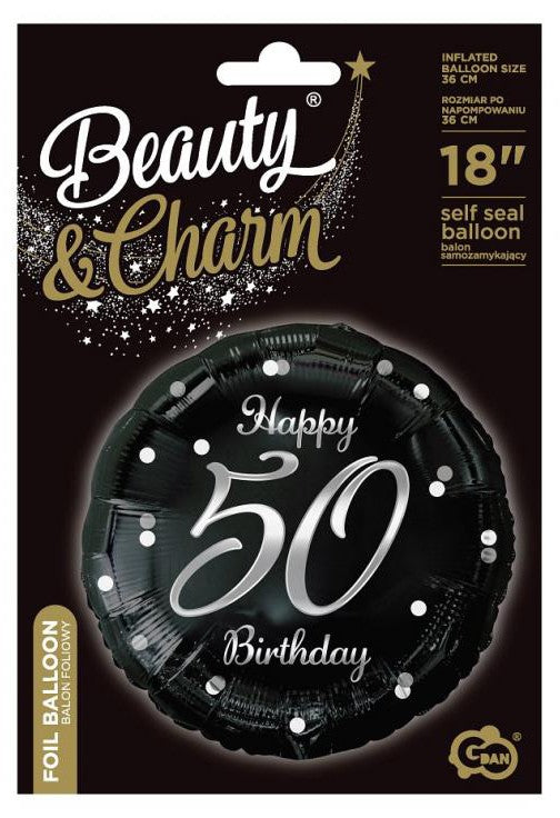 Happy Birthday 50 B&C Silver fólia lufi 36 cm, J-MLG155037