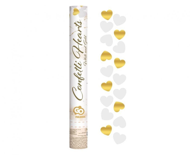 Gold White Hearts, Szív konfetti kilövő 40 cm, J-MLG170528