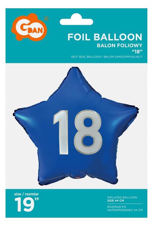 Kék Happy Birthday 18 Blue csillag fólia lufi 44 cm, J-MLG170801