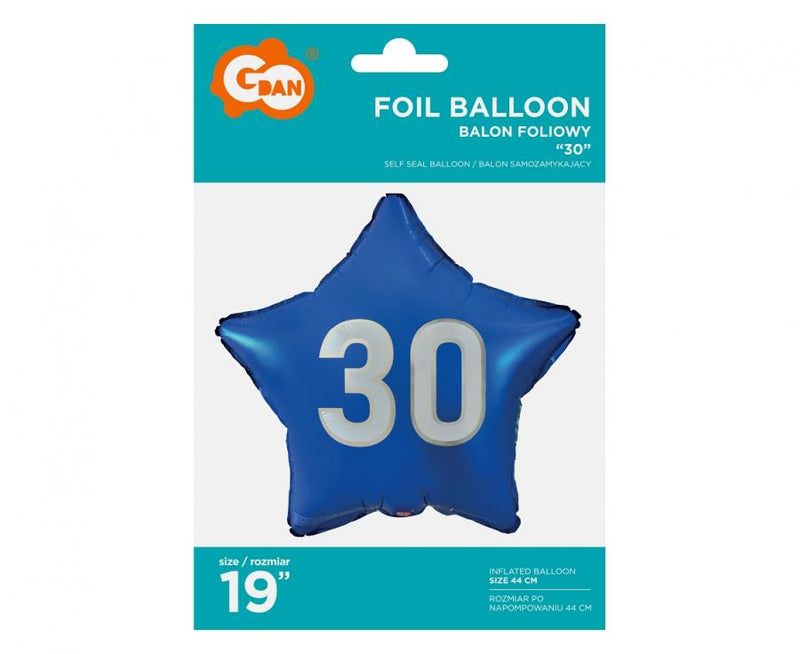 Kék Happy Birthday 30 Blue csillag fólia lufi 44 cm, J-MLG170825