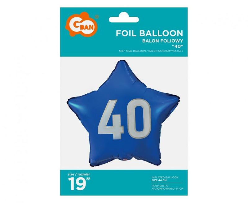 Kék Happy Birthday 40 Blue csillag fólia lufi 44 cm, J-MLG170849