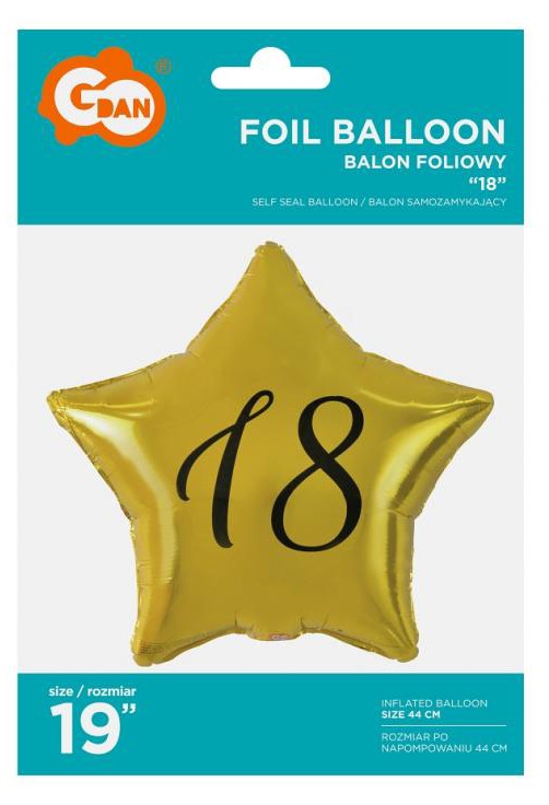 Arany Happy Birthday 18 Gold csillag fólia lufi 48 cm, J-MLG170924