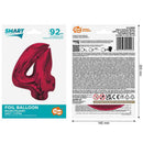 Piros 4-es Red szám fólia lufi 92 cm, J-MLG195293