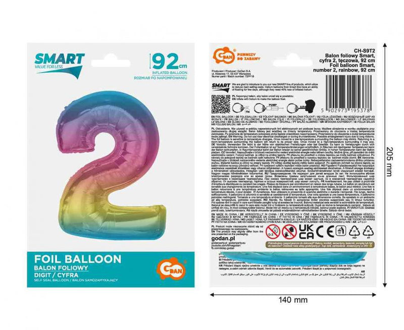 Színes 2-es Rainbow szám fólia lufi 92 cm, J-MLG195378