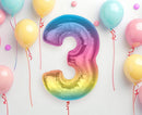 Színes 3-as Rainbow szám fólia lufi 92 cm, J-MLG195385