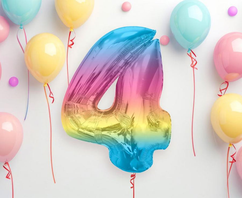Színes 4-es Rainbow szám fólia lufi 92 cm, J-MLG195392