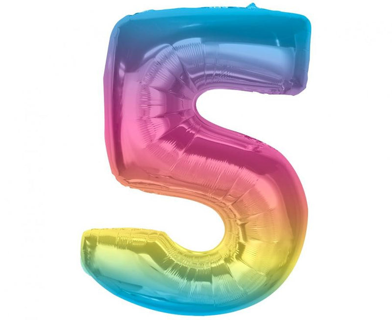 Színes 5-ös Rainbow szám fólia lufi 92 cm, J-MLG195408