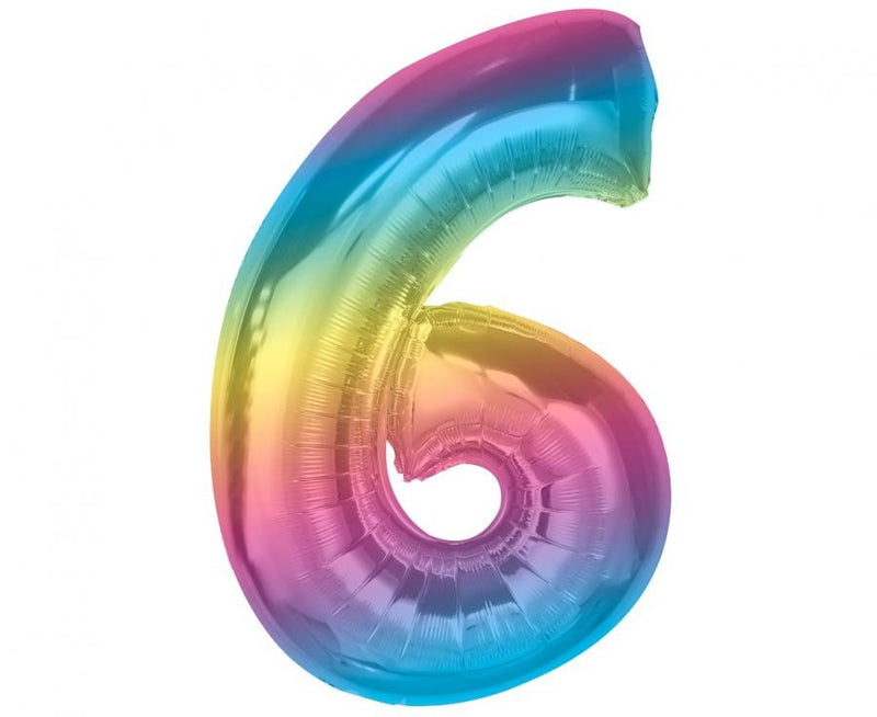 Színes 6-os Rainbow szám fólia lufi 92 cm, J-MLG195415