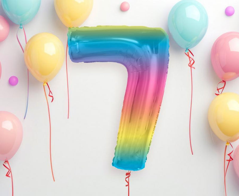 Színes 7-es Rainbow szám fólia lufi 92 cm, J-MLG195422
