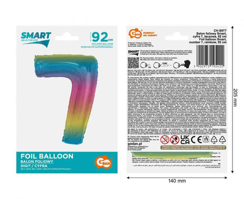 Színes 7-es Rainbow szám fólia lufi 92 cm, J-MLG195422