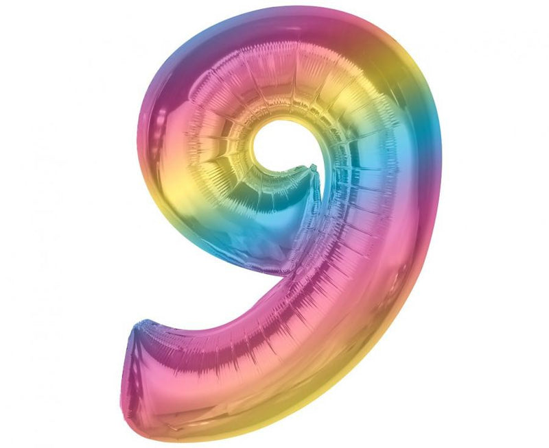 Színes 9-es Rainbow szám fólia lufi 92 cm, J-MLG195446