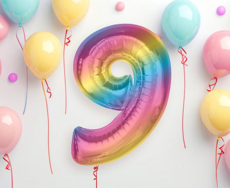 Színes 9-es Rainbow szám fólia lufi 92 cm, J-MLG195446