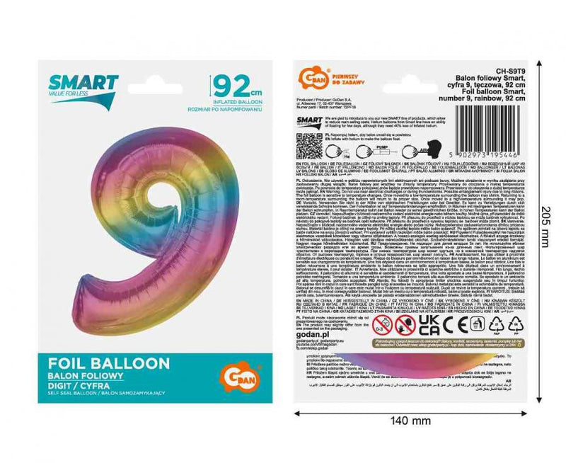 Színes 9-es Rainbow szám fólia lufi 92 cm, J-MLG195446