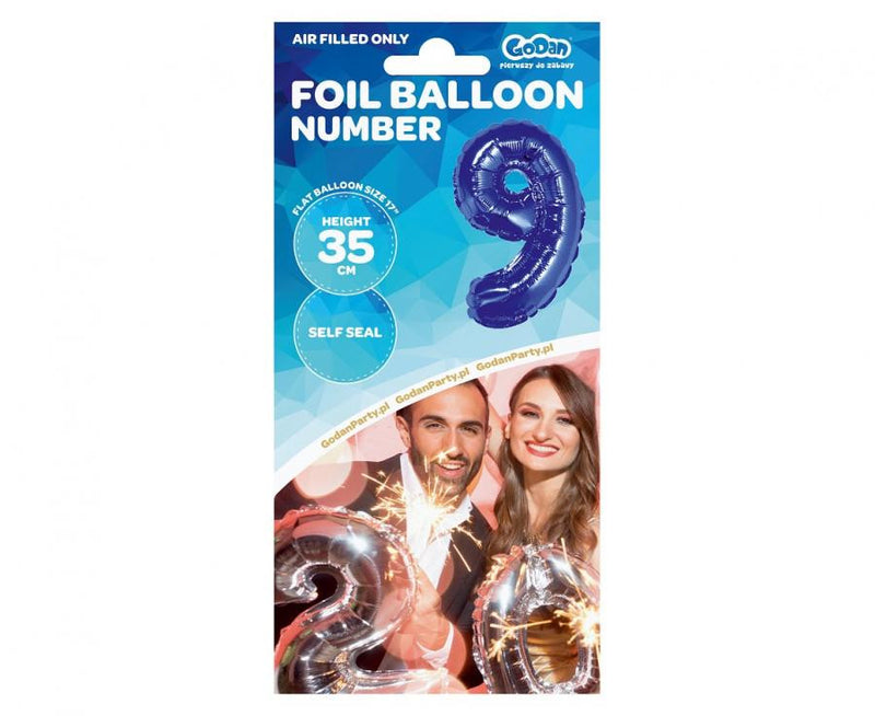 Blue, Kék 9-es mini szám fólia lufi 35 cm, J-MLG633808